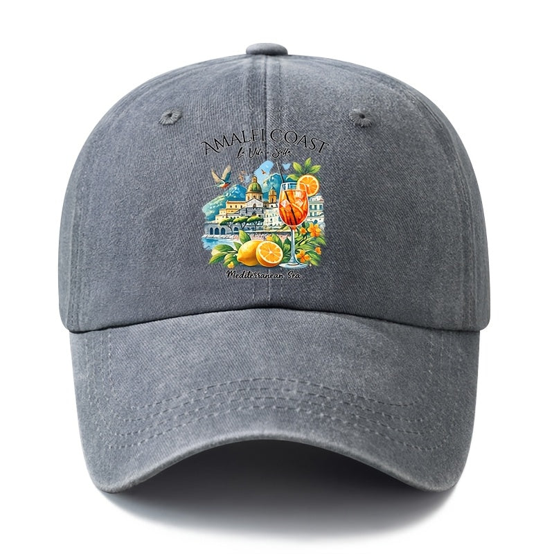 A Unisex Fashionable and Versatile Printed Baseball Cap Featuring the Italian Amalfi Coast. This Classic Vintage-washed Outdoor Lightweight Curved-brim Hat Is Also Known as a Trucker Cap. Suitable for Casual Occasions Such as Outdoor Vacations
