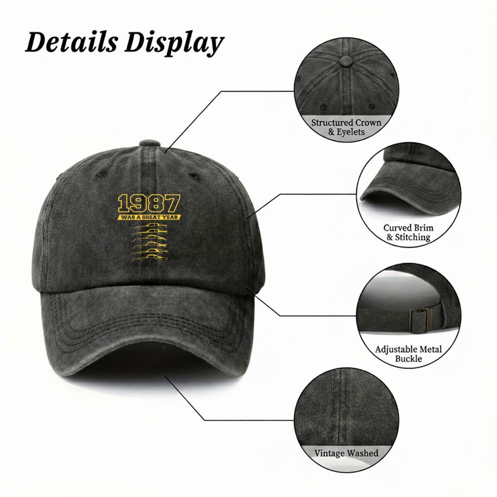 1987 Year Mark Vintage Washed Distressed Duckbill Cap, Unisex, Outdoor Baseball Cap, Adjustable, Washed Vintage Style, Lightweight And Breathable Golf Cap