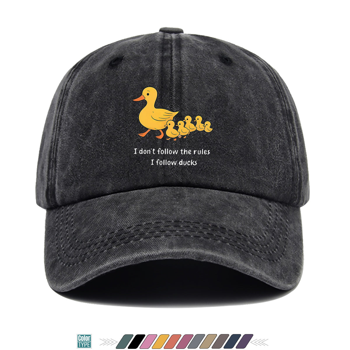 1pc Cartoon Mother Duck with Five Ducklings Print Baseball Cap, Retro Glitch Art Style Striped Background, Funny Slogan "I Don'T Follow The Rules, I Follow The Ducks", Comfortable And Breathable Sun Hat