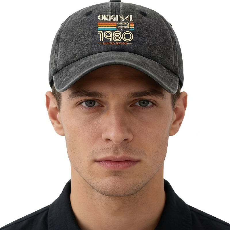 A Unisex, Stylish, and Versatile ORIGINAL 1980 Printed Baseball Cap. This Classic Vintage-washed Outdoor Lightweight Curved-brim Hat Is Also Known as a Trucker Cap. Suitable for Casual Occasions Like Outdoor Vacations, Travel, and Camping, It Also