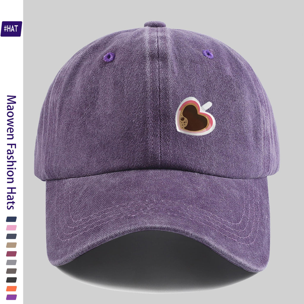 Adjustable Unisex Summer Baseball Cap with Washed Vintage Brim And Distressed Design, Featuring a Distinctive Heart-Shaped Coffee Cup Print, Embodiment of Italian-Style Retro Aesthetics. This Street-Style Skateboard Retro Snapback Hat Is Durable