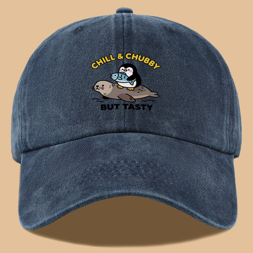 1pc 1pcs "CHILL & CHUBBY BUT TASTY" Penguin Hugging Fish on Seal Print Baseball Cap - Cute Duckbill Cap Suitable for Daily Outfits, Beach Vacations, Student Style, Adjustable Unisex Hat for &, Creative, Park Picnics
