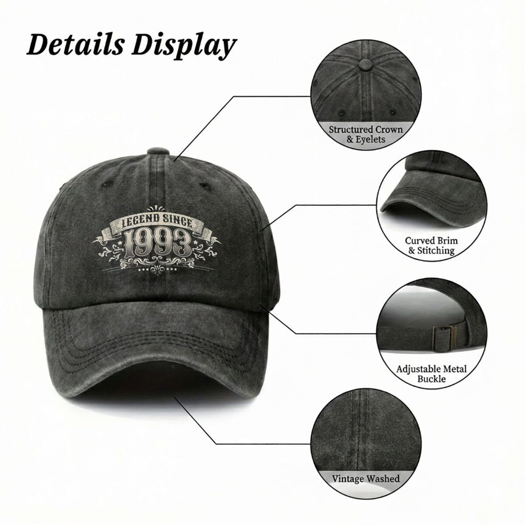1993 Vintage Text Design Retro Washed Distressed Baseball Cap, Unisex, Adjustable, Lightweight, Breathable Golf Cap with a Vintage Style