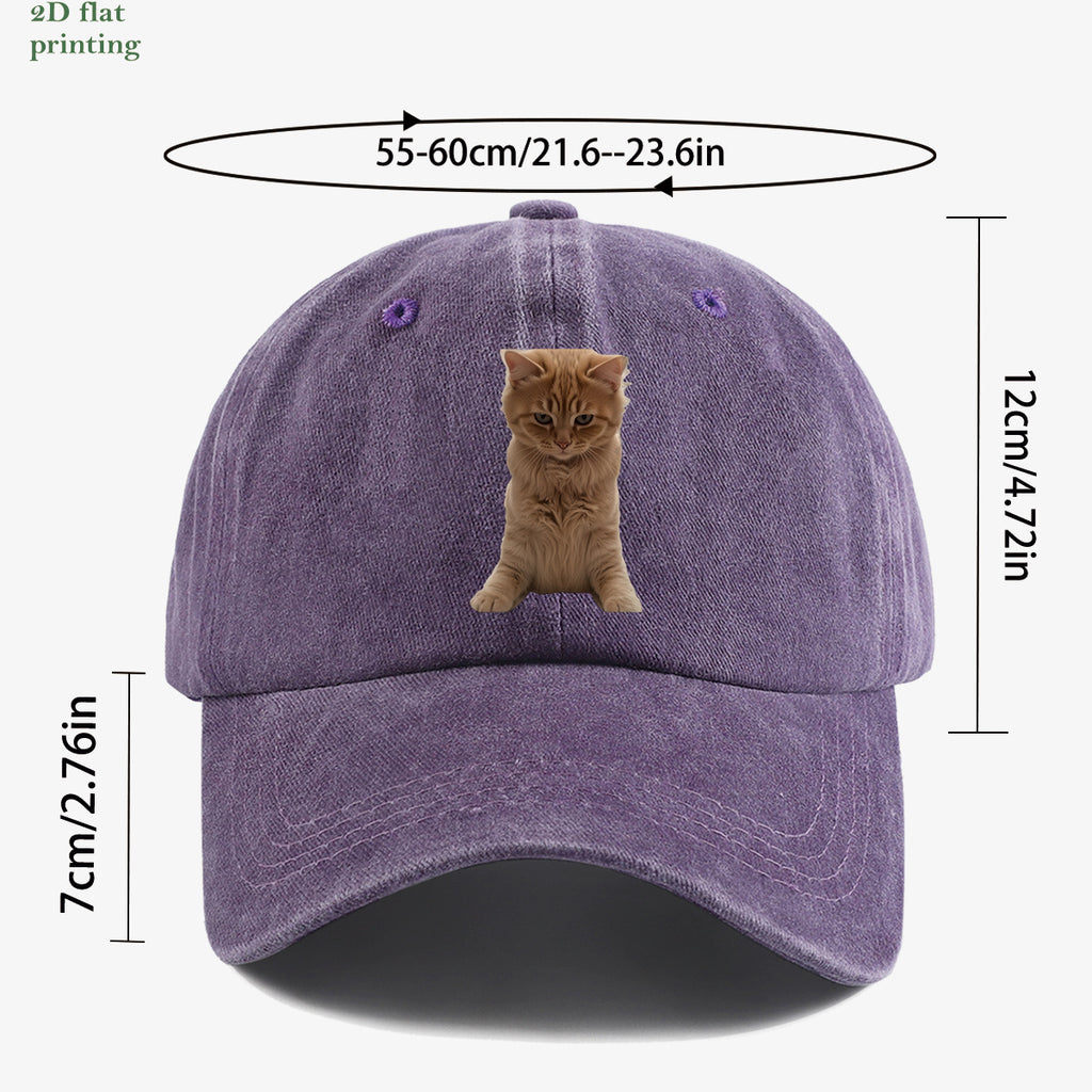 1pc Orange Tabby Cat Squatting Front Print Baseball Cap, with Round Eyes Slightly Squinted, Giving Off a "I'm Noble" Meme Vibe. A Must-have for Daily Outings, Café Visits, and Citywalks to Create a Stylish Look. The Cap Shape Helps Flatter and Slim