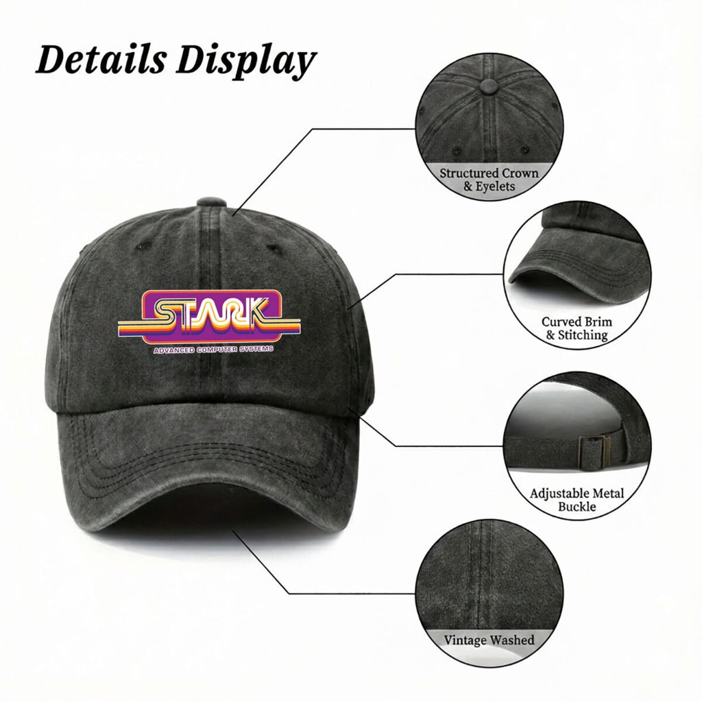 1980S Stark Technologies Computer Graphics Sticker Vintage Washed Distressed Duckbill Cap Unisex Outdoor Baseball Hat Adjustable Lightweight Breathable Retro Style Golf Cap