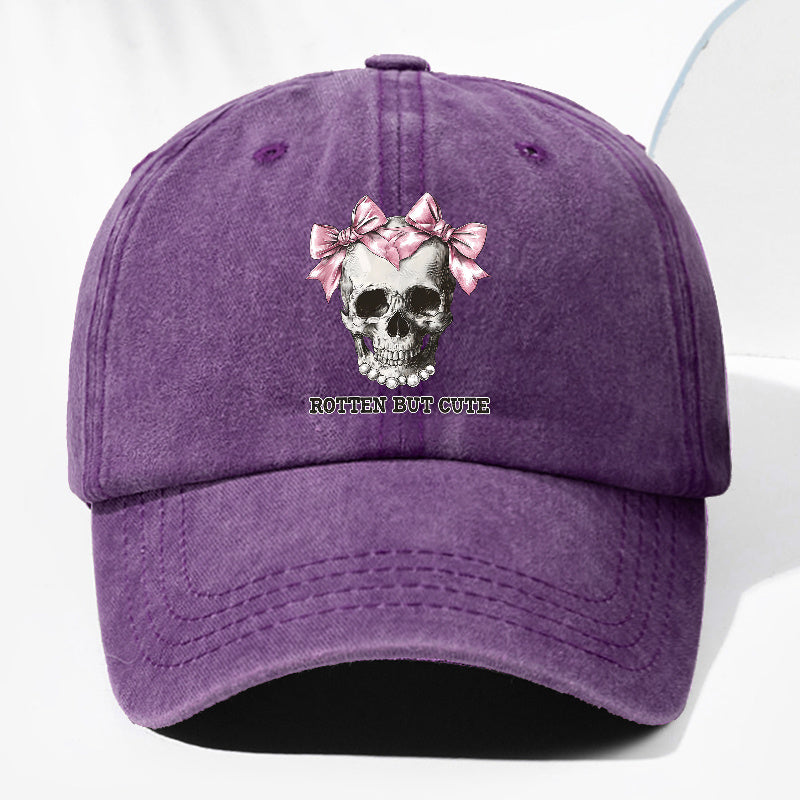 Unisex ROTTE BUT CUTE Letter Skull Print Washed Vintage Baseball Cap Fashion Men Women Sun Hat Adjustable Size Trucker Hat Suitable for All Seasons Daily Wear