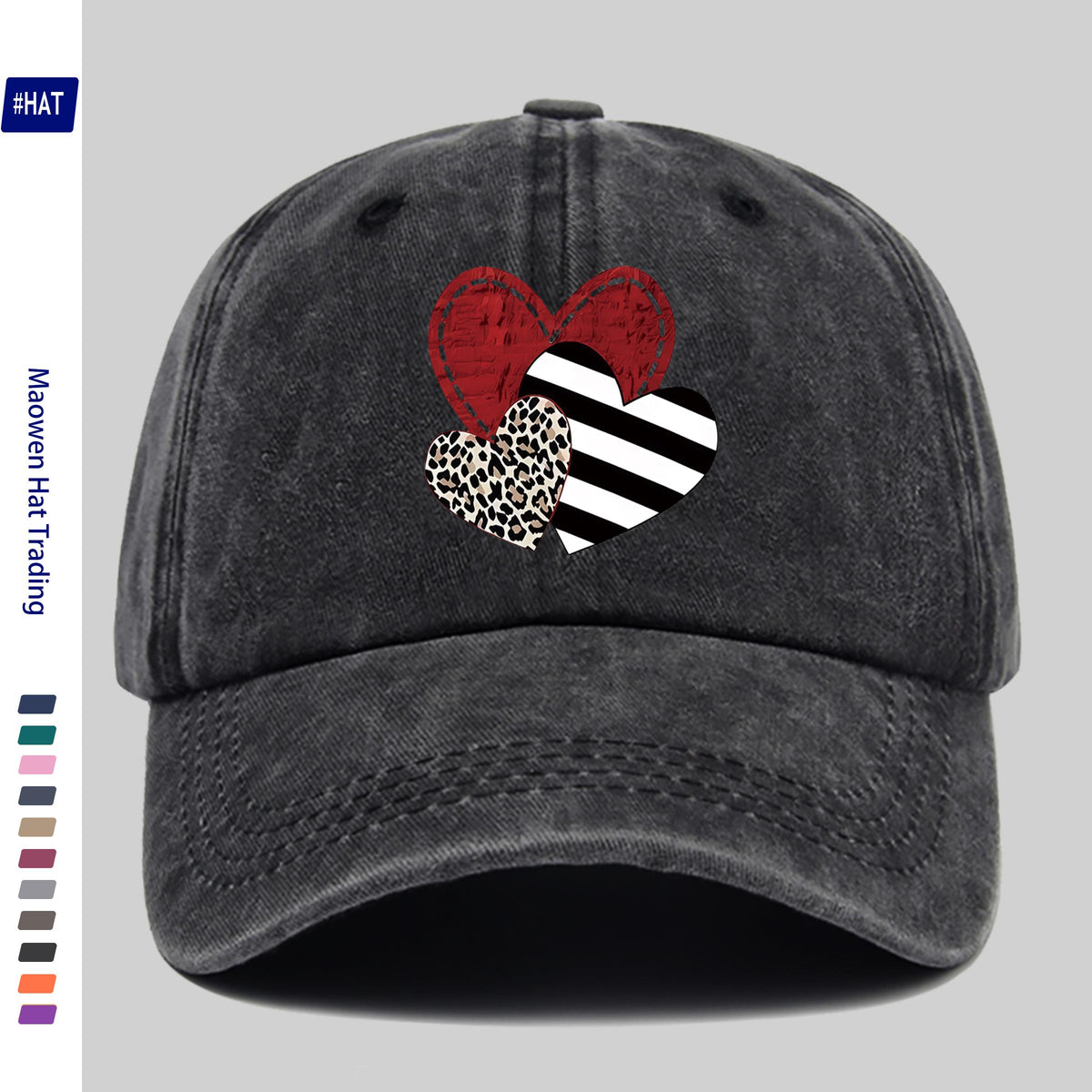 A Washed Baseball Cap with Iron-on Transfer Designs of Red Hearts, Black Striped Hearts, Leopard Print Hearts, and Crossed Hearts. It Features a New Autumn/winter Vintage Style, Is Unisex, Adjustable in Size, Lightweight, and Suitable for Outdoor Use