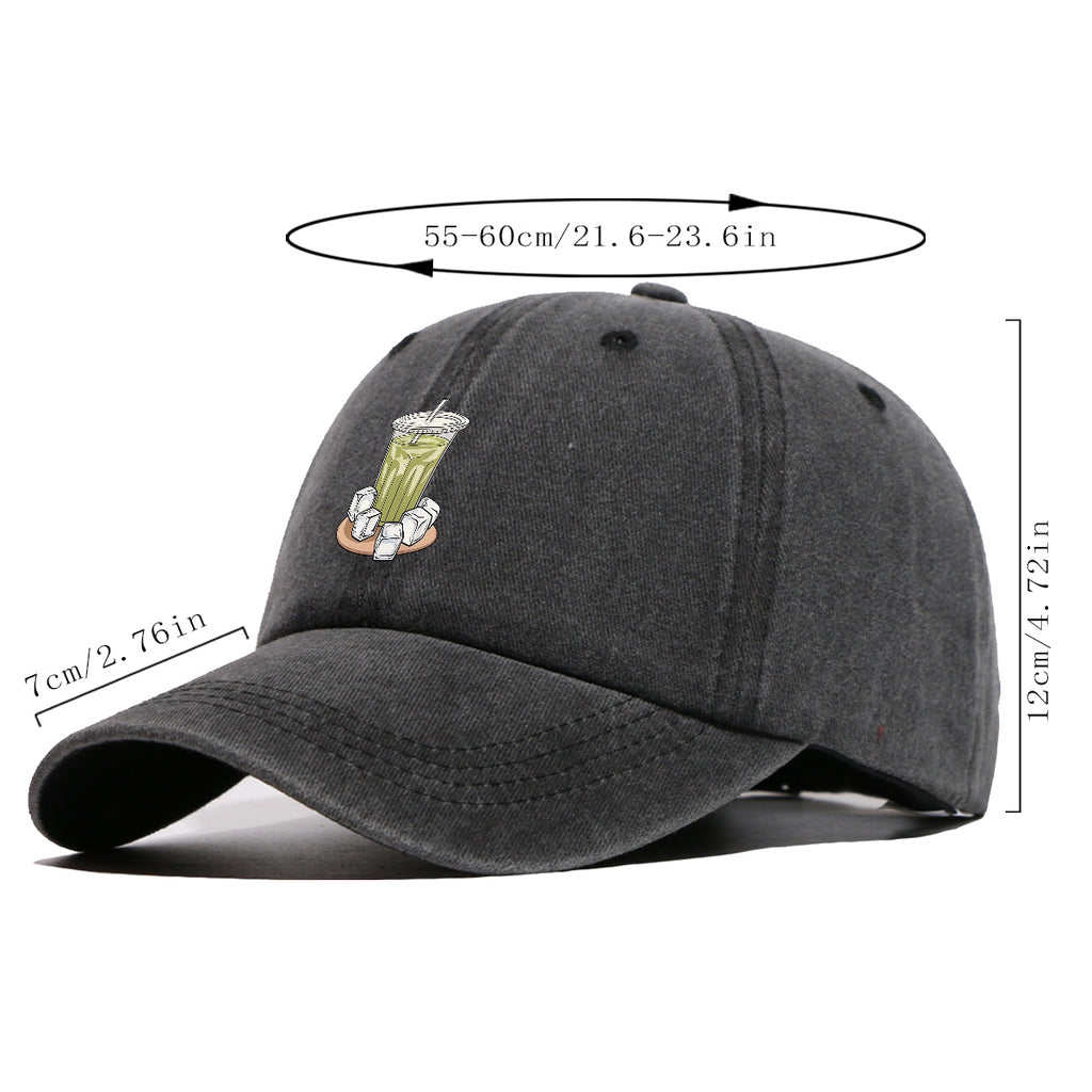 1pc Teal Green Beverage Print Baseball Cap, Featuring a Cup with a Straw, Ice Cubes Scattered Near the Cup, and a Colorful Striped Background. A Stylish and Casual Sun Hat, Unisex and Adjustable. Suitable for Street Trendsetters, Coffee Lovers
