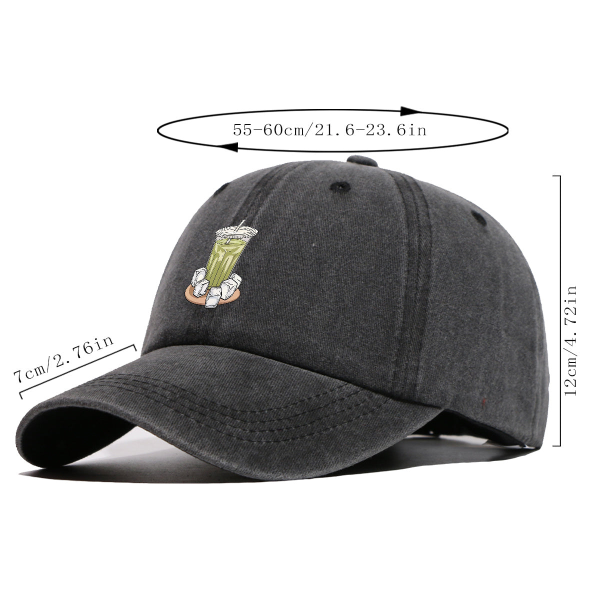 1pc Teal Green Beverage Print Baseball Cap, Featuring a Cup with a Straw, Ice Cubes Scattered Near the Cup, and a Colorful Striped Background. A Stylish and Casual Sun Hat, Unisex and Adjustable. Suitable for Street Trendsetters, Coffee Lovers