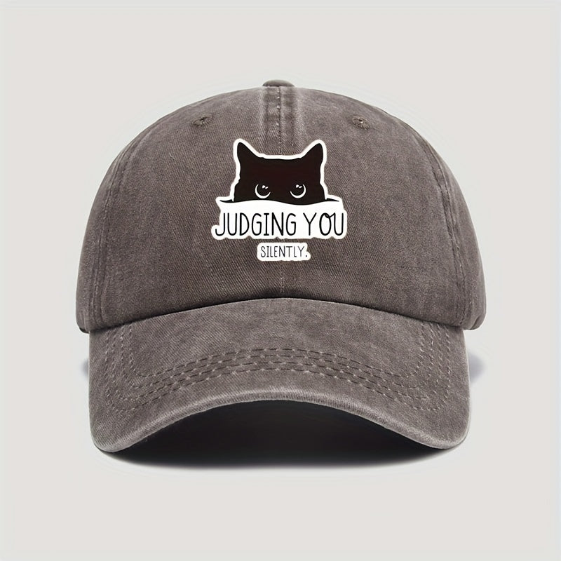 Vintage-Style Adjustable Baseball Cap Featuring a Cat Design with The Words "Silently Judging You"