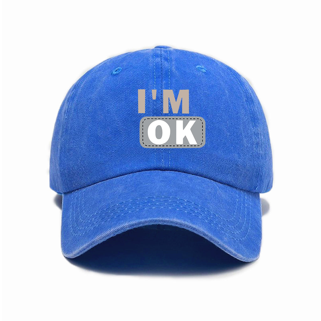 1 Washed Distressed Printed Baseball Cap for Adults, Simple "I'M OK" Letter Print, Washed Distressed Soft Top Sun Baseball Cap, Unisex Baseball Cap