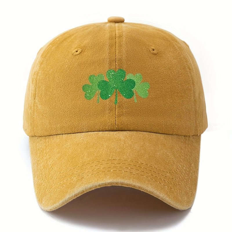 Green Clover Print Adjustable Snapback Cap - Outdoor Textile Hat with Four- Clover, Comfortable Casual Wear for, Camping, Travel, Ideal Gift Suitable for Couples & Outdoor Activities