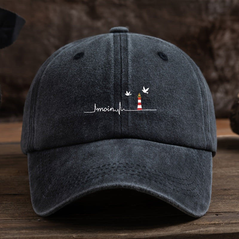 Stylish Sea Eagle Lighthouse Print Baseball Cap - All-Weather Polyester Suitable for Outdoor, Fishing,, Machine Washable, Unisex Hat with Lighthouse