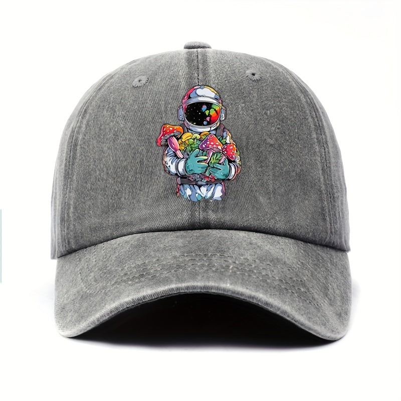 Vintage-style Astronaut Holding Various Mushroom Prints, Washed Baseball Cap, Fun Adjustable Hat