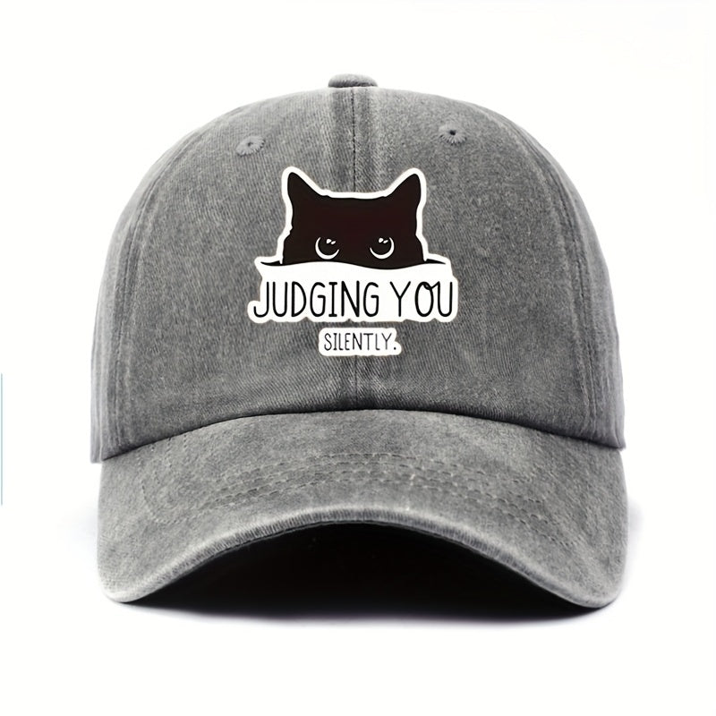 Vintage-Style Adjustable Baseball Cap Featuring a Cat Design with The Words "Silently Judging You"