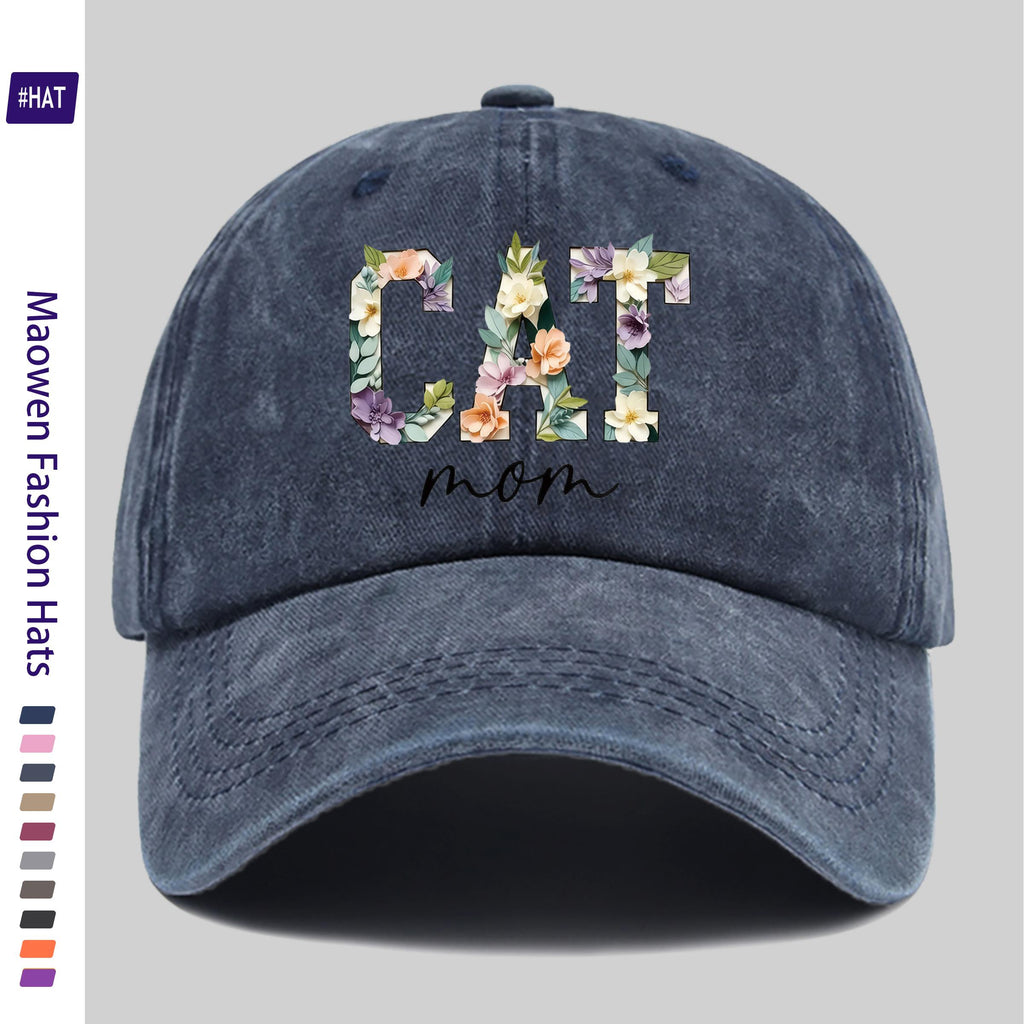 1 Washed Baseball Cap, Featuring a Floral Cat Mom Theme Iron-on Transfer Print Design, Vintage-style Distressed Baseball Cap for Autumn, Unisex Lightweight Outdoor Cap, Suitable for All-season Travel and Leisure, Adjustable Size Trucker Dad Hat, Idea