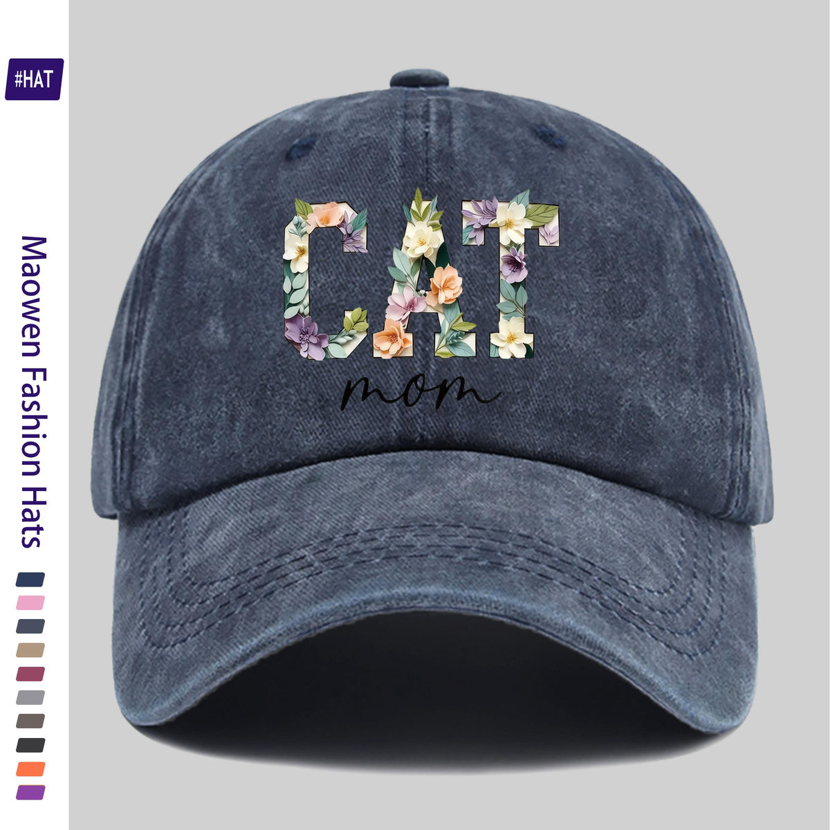 1 Washed Baseball Cap, Featuring a Floral Cat Mom Theme Iron-on Transfer Print Design, Vintage-style Distressed Baseball Cap for Autumn, Unisex Lightweight Outdoor Cap, Suitable for All-season Travel and Leisure, Adjustable Size Trucker Dad Hat, Idea