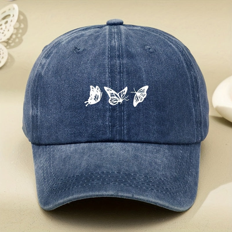 White Three-butterfly Print Women's Vintage Washed Baseball Cap, Distressed Dad Hat, Unisex Retro Foreign Trade Baseball Cap, New Soft-top Outdoor Driver's Cap, Distressed Washed Hat, Men's Hat, Women's Hat