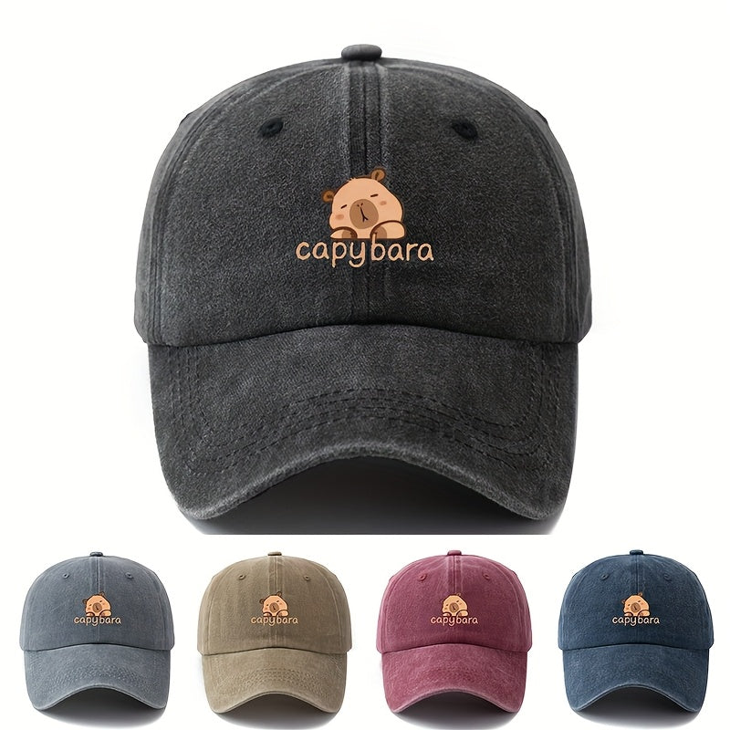 Unisex Capybara Print Baseball Cap | Lightweight 100% Polyester, Retro Washed Casual Outdoor Hat for Camping, Travel & Parties - Grey, Pink, Brown, Blue