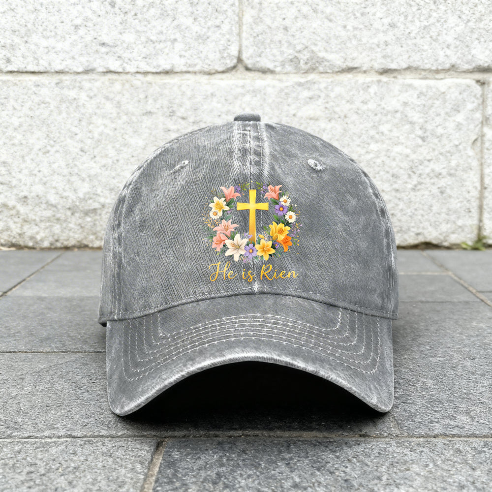 Unisex Baseball Cap, "He Is Risen" Christian Baseball Cap, Adorned with Wildflowers And Scripture - Adjustable, Breathable, Vintage Religious Cap, Suitable for Church, Easter Gift, Everyday Wear, Machine Washable, All-Season Casual Hat