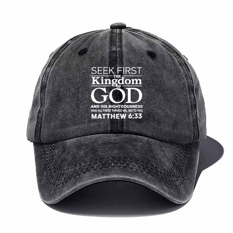 Verse Baseball Cap with Matthew 6:33 Scripture - Faith Hat for Church, Worship & Study, Inspirational Religious Gift For, Soft Comfortable Textile Cap (Black/Dark Grey/Navy/Tan/Green)