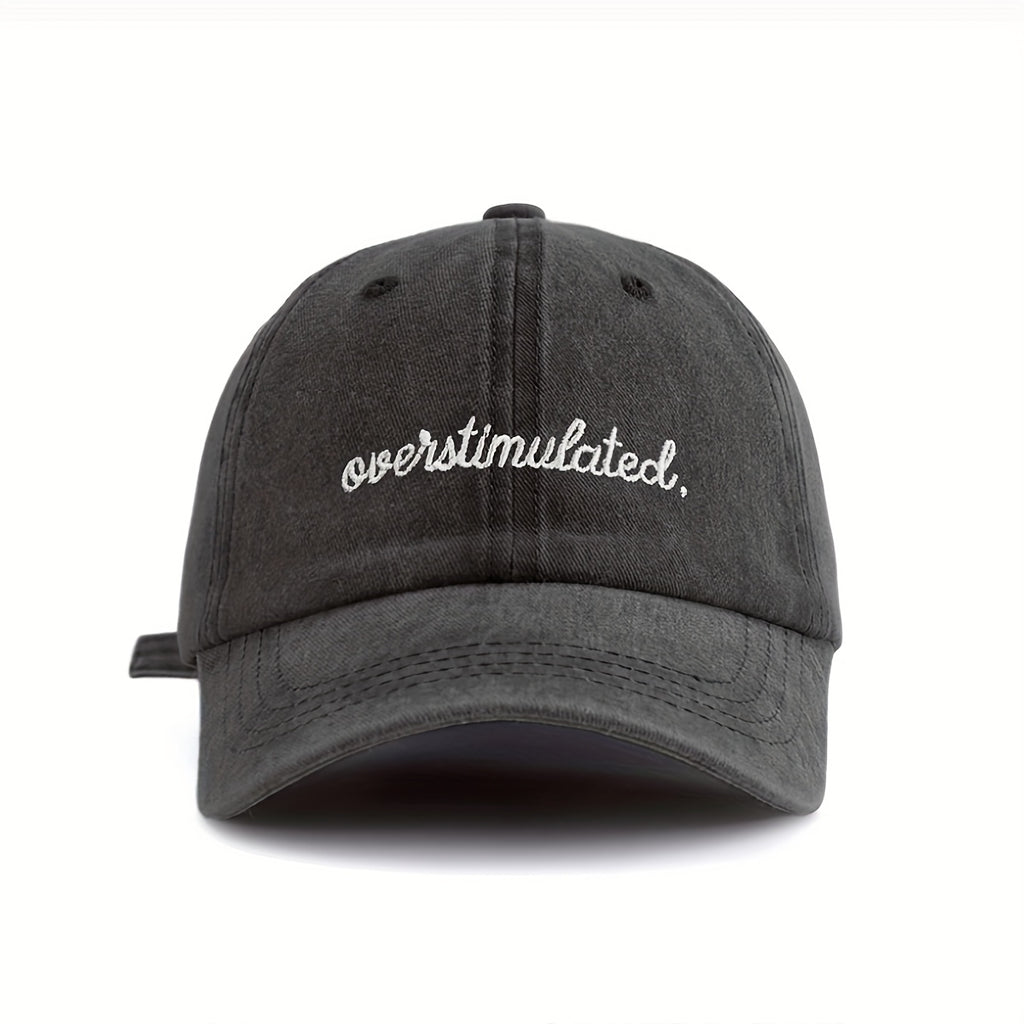 Overstimulated Letter Women'S Washed Baseball Cap, Fashionable Outdoor Retro Street Urban Style Unisex Baseball Cap Curved Brim Dad Hat Sun Hat Suitable for Vacation Beach Travel Cycling