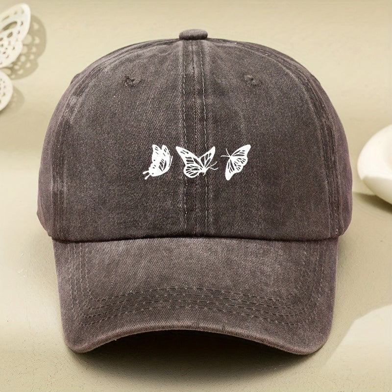 White Three-butterfly Print Women's Vintage Washed Baseball Cap, Distressed Dad Hat, Unisex Retro Foreign Trade Baseball Cap, New Soft-top Outdoor Driver's Cap, Distressed Washed Hat, Men's Hat, Women's Hat