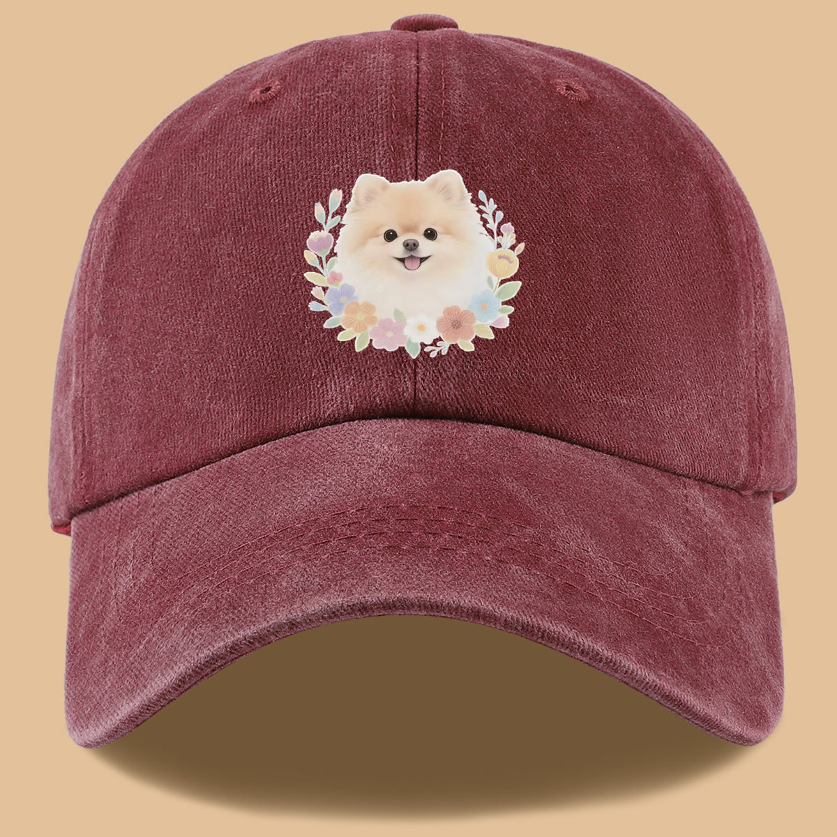 1pc Cute Pomeranian Dog Floral Surround Print Baseball Cap, Adorable Cartoon Breathable Sun Hat, Fashionable Fresh Aesthetic Unisex Cap, Adjustable Size Casual Streetwear, Campus Student Hat, Suitable for Daily Commuting, Park Outings