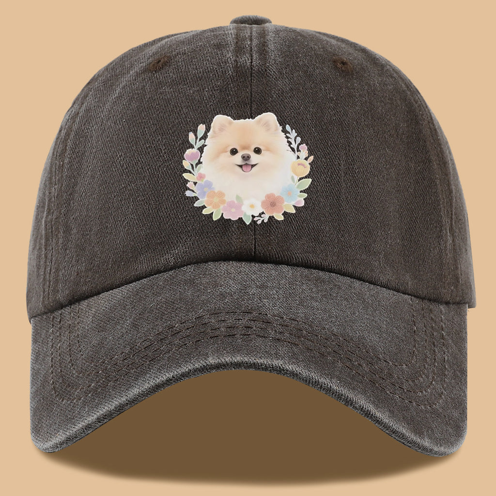 1pc Cute Pomeranian Dog Floral Surround Print Baseball Cap, Adorable Cartoon Breathable Sun Hat, Fashionable Fresh Aesthetic Unisex Cap, Adjustable Size Casual Streetwear, Campus Student Hat, Suitable for Daily Commuting, Park Outings