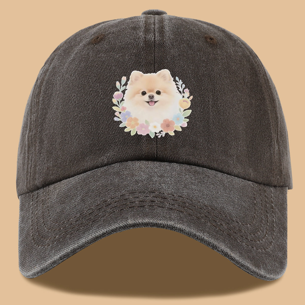 1pc Cute Pomeranian Dog Floral Surround Print Baseball Cap, Adorable Cartoon Breathable Sun Hat, Fashionable Fresh Aesthetic Unisex Cap, Adjustable Size Casual Streetwear, Campus Student Hat, Suitable for Daily Commuting, Park Outings