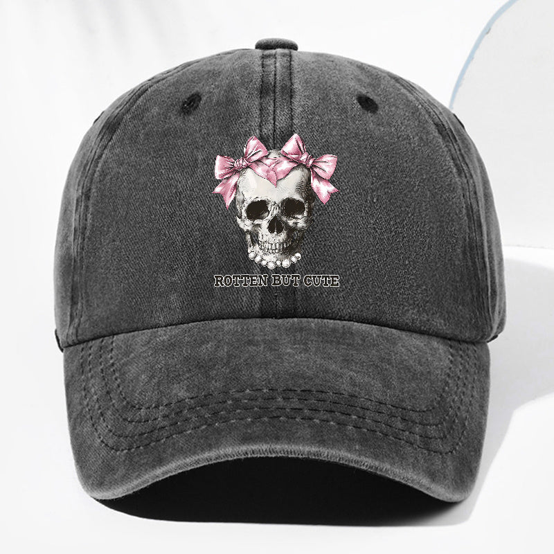 Unisex ROTTE BUT CUTE Letter Skull Print Washed Vintage Baseball Cap Fashion Men Women Sun Hat Adjustable Size Trucker Hat Suitable for All Seasons Daily Wear
