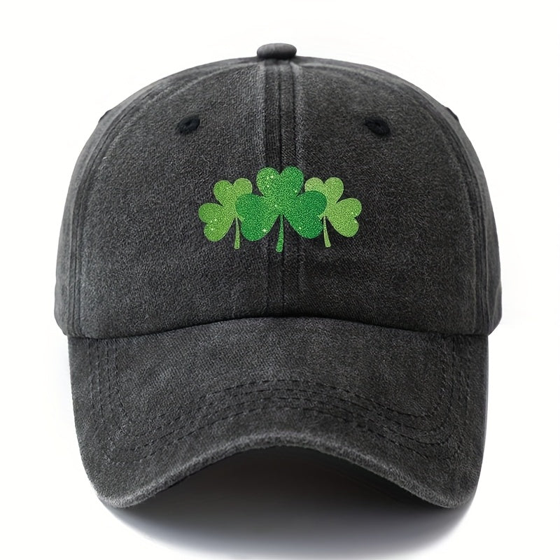 Green Clover Print Adjustable Snapback Cap - Outdoor Textile Hat with Four- Clover, Comfortable Casual Wear for, Camping, Travel, Ideal Gift Suitable for Couples & Outdoor Activities