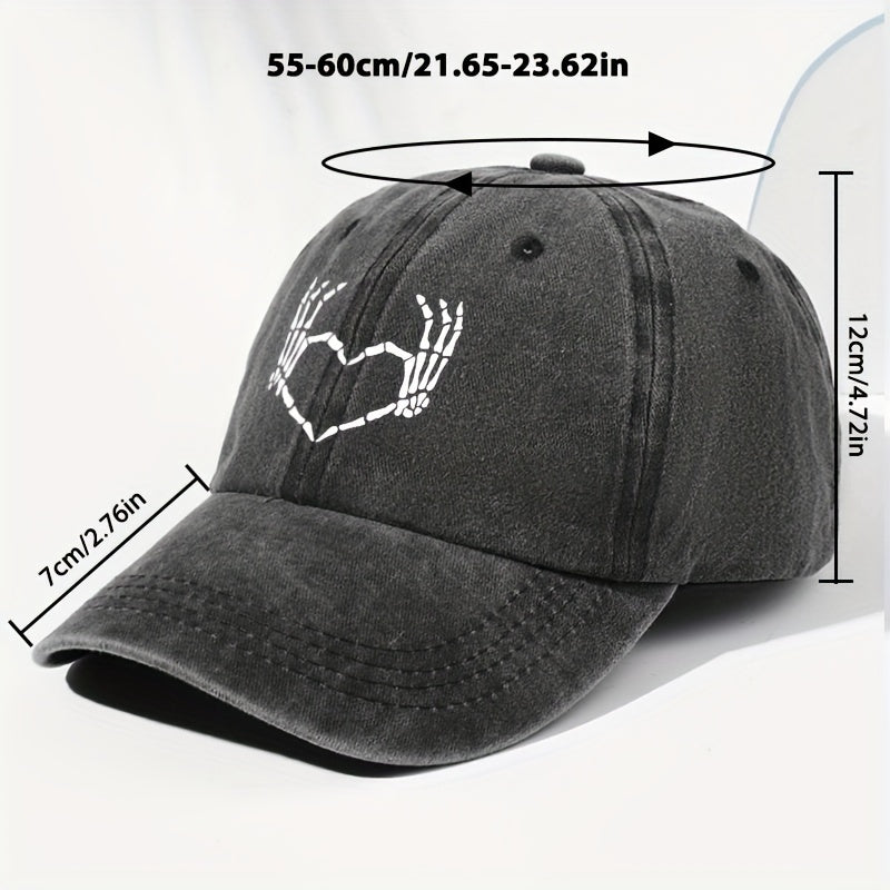 Men' & Women' Vintage Washed Baseball Cap with Heart & Skull Print - Adjustable Trucker Hat Suitable for All Seasons, Outdoor, Casual Wear, Retro Washed Style, Unisex for Daily Use, Driving,, and Everyday Fashion