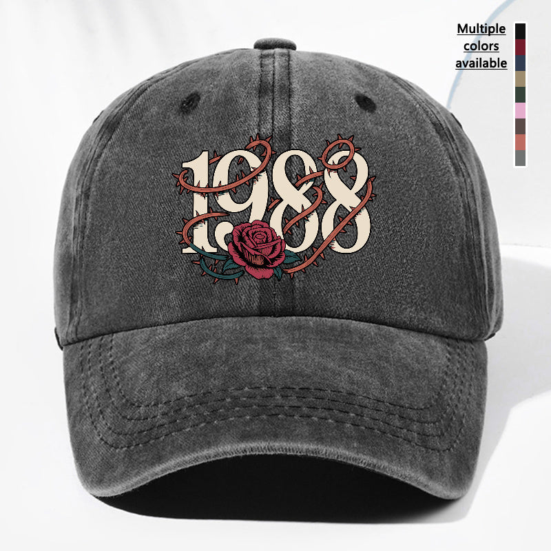 Unisex Thorn Flower 1988 Print Washed Vintage Baseball Cap, Fashionable Sun Outdoor Hat for Men and Women, Adjustable Trucker Hat Suitable for All Seasons and Daily Wear