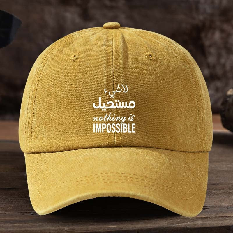 Men's Baseball Cap - Bold "Nothing Is Impossible" Arabic-English Text Hat, Structured Front Panel & Breathable Design for Everyday & Formal Wear - Machine Washable Black Casual Outdoor Hat for Men, Motivational Apparel, Stylish Headgear, Textile