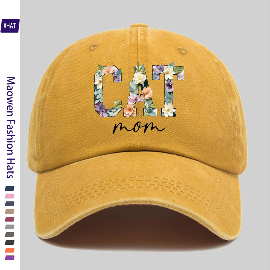 1 Washed Baseball Cap, Featuring a Floral Cat Mom Theme Iron-on Transfer Print Design, Vintage-style Distressed Baseball Cap for Autumn, Unisex Lightweight Outdoor Cap, Suitable for All-season Travel and Leisure, Adjustable Size Trucker Dad Hat, Idea