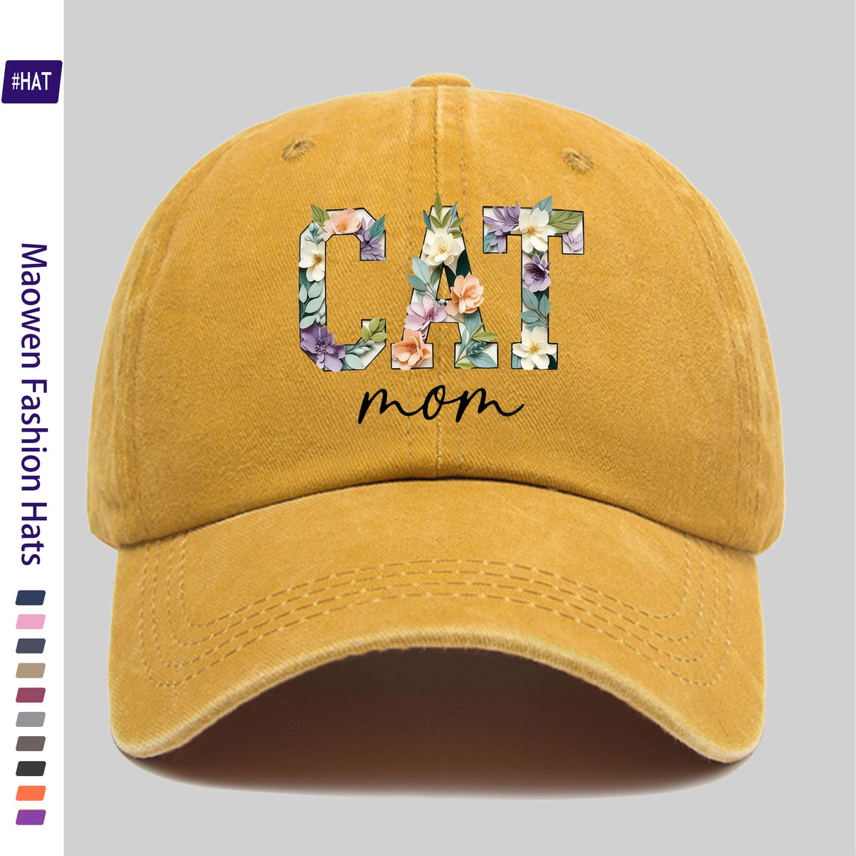 1 Washed Baseball Cap, Featuring a Floral Cat Mom Theme Iron-on Transfer Print Design, Vintage-style Distressed Baseball Cap for Autumn, Unisex Lightweight Outdoor Cap, Suitable for All-season Travel and Leisure, Adjustable Size Trucker Dad Hat, Idea