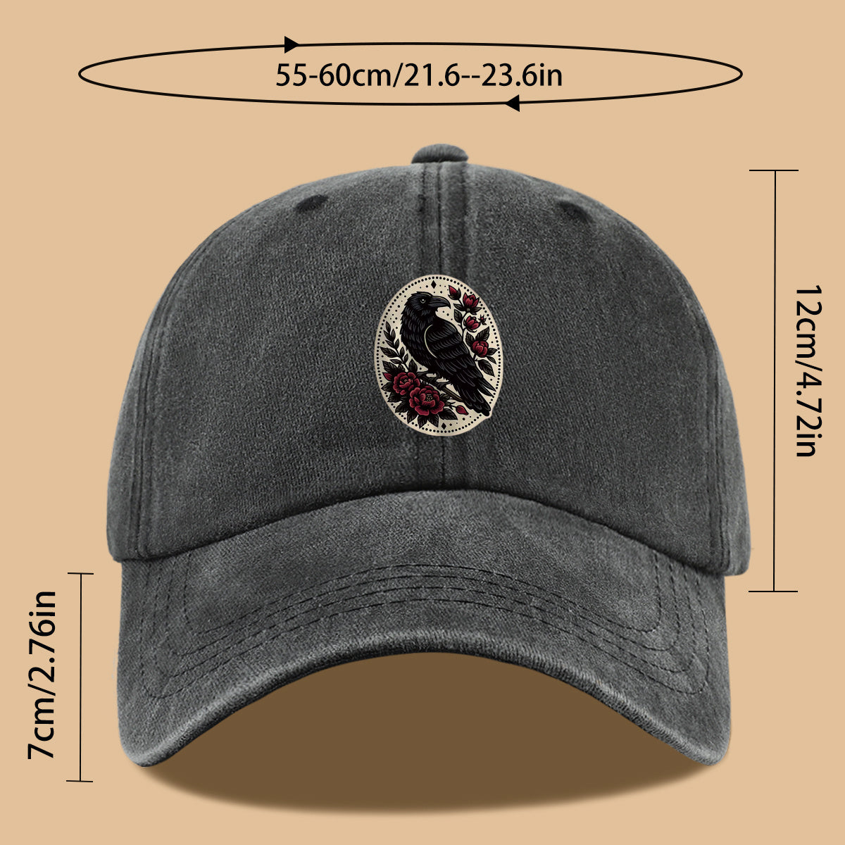 1pc 1pcs Black Crow & Red Rose Vintage Duckbill Baseball Cap - Adjustable Unisex Hat Suitable for Men & Women, Gothic Streetwear Sun Hat for Outdoor Travel, Daily Commute, Photo Shoots, Creative,,