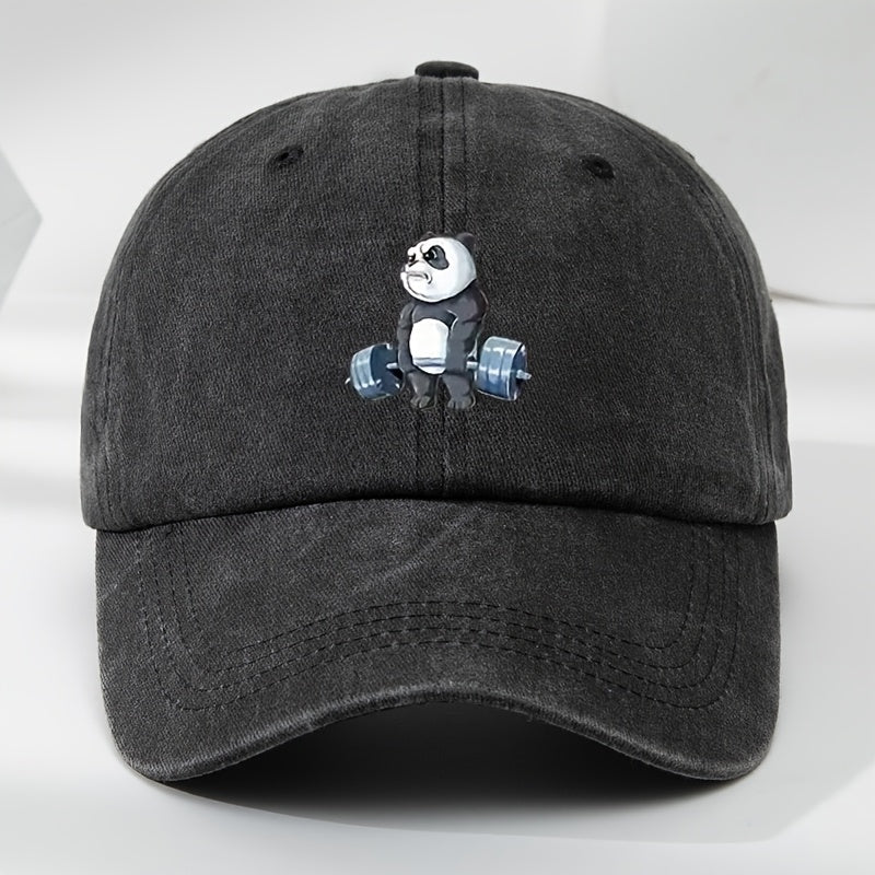 Cartoon Panda Print Baseball Cap with Panda Face - Washed Distressed Flat Brim Hat, Soft Top Moisture-Wicking Breathable Cap Suitable for, Casual Wear & Panda-Themed Outfits