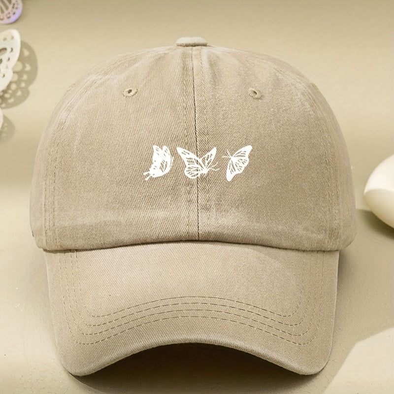 White Three-butterfly Print Women's Vintage Washed Baseball Cap, Distressed Dad Hat, Unisex Retro Foreign Trade Baseball Cap, New Soft-top Outdoor Driver's Cap, Distressed Washed Hat, Men's Hat, Women's Hat