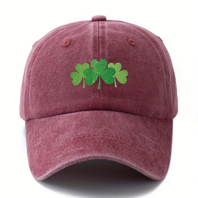 Green Clover Print Adjustable Snapback Cap - Outdoor Textile Hat with Four- Clover, Comfortable Casual Wear for, Camping, Travel, Ideal Gift Suitable for Couples & Outdoor Activities