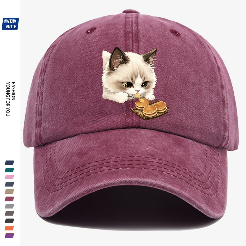 1pc 1pcs Cat Eating Muffin Baseball Cap with Kitten Print - Adjustable Unisex Hat Suitable for Men & Women, Cute, Streetwear, Café Outfits, Daily Wear, Fashionable Cap for Bestie Gatherings & Weekend Outings