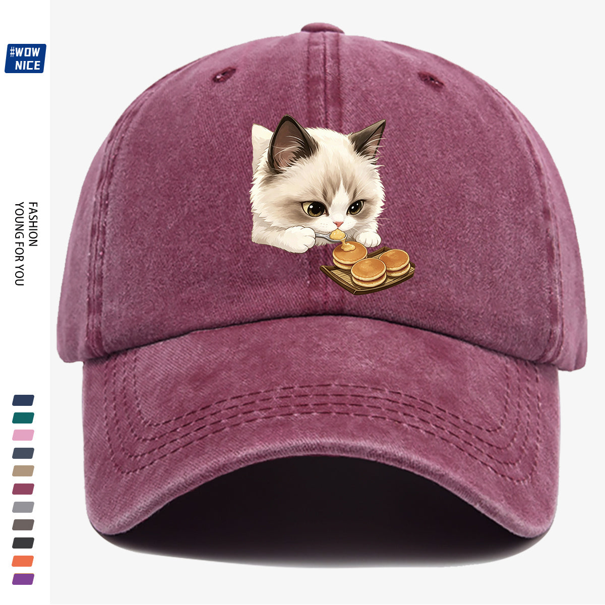 1pc 1pcs Cat Eating Muffin Baseball Cap with Kitten Print - Adjustable Unisex Hat Suitable for Men & Women, Cute, Streetwear, Café Outfits, Daily Wear, Fashionable Cap for Bestie Gatherings & Weekend Outings