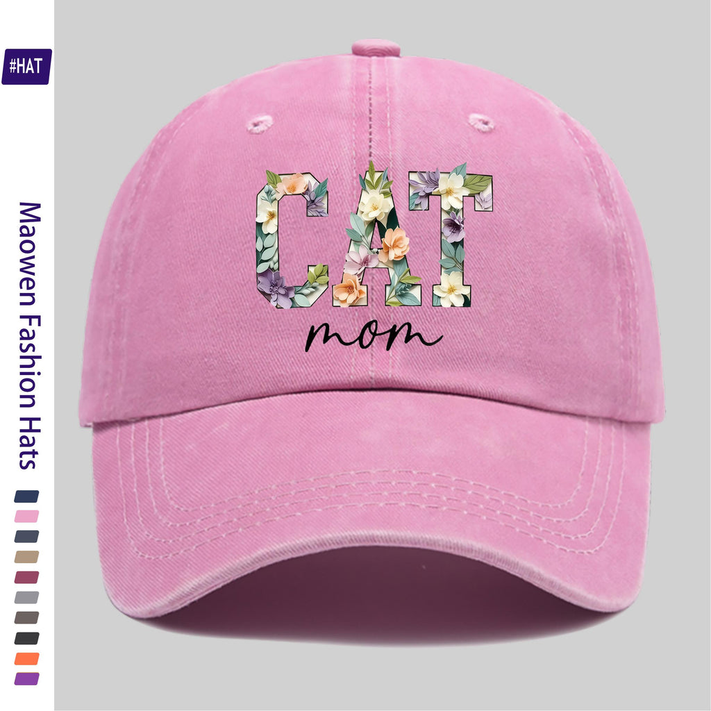 1 Washed Baseball Cap, Featuring a Floral Cat Mom Theme Iron-on Transfer Print Design, Vintage-style Distressed Baseball Cap for Autumn, Unisex Lightweight Outdoor Cap, Suitable for All-season Travel and Leisure, Adjustable Size Trucker Dad Hat, Idea