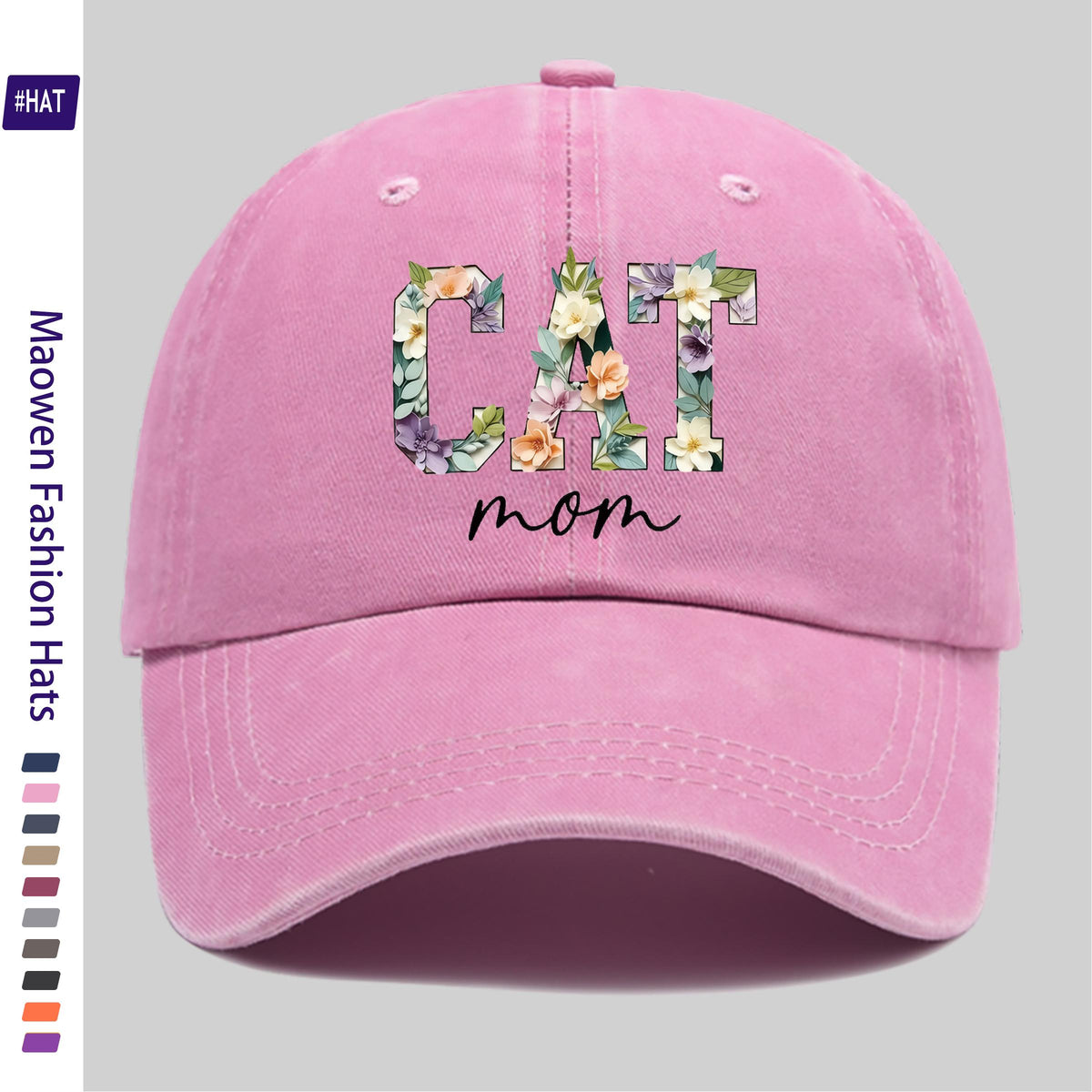 1 Washed Baseball Cap, Featuring a Floral Cat Mom Theme Iron-on Transfer Print Design, Vintage-style Distressed Baseball Cap for Autumn, Unisex Lightweight Outdoor Cap, Suitable for All-season Travel and Leisure, Adjustable Size Trucker Dad Hat, Idea