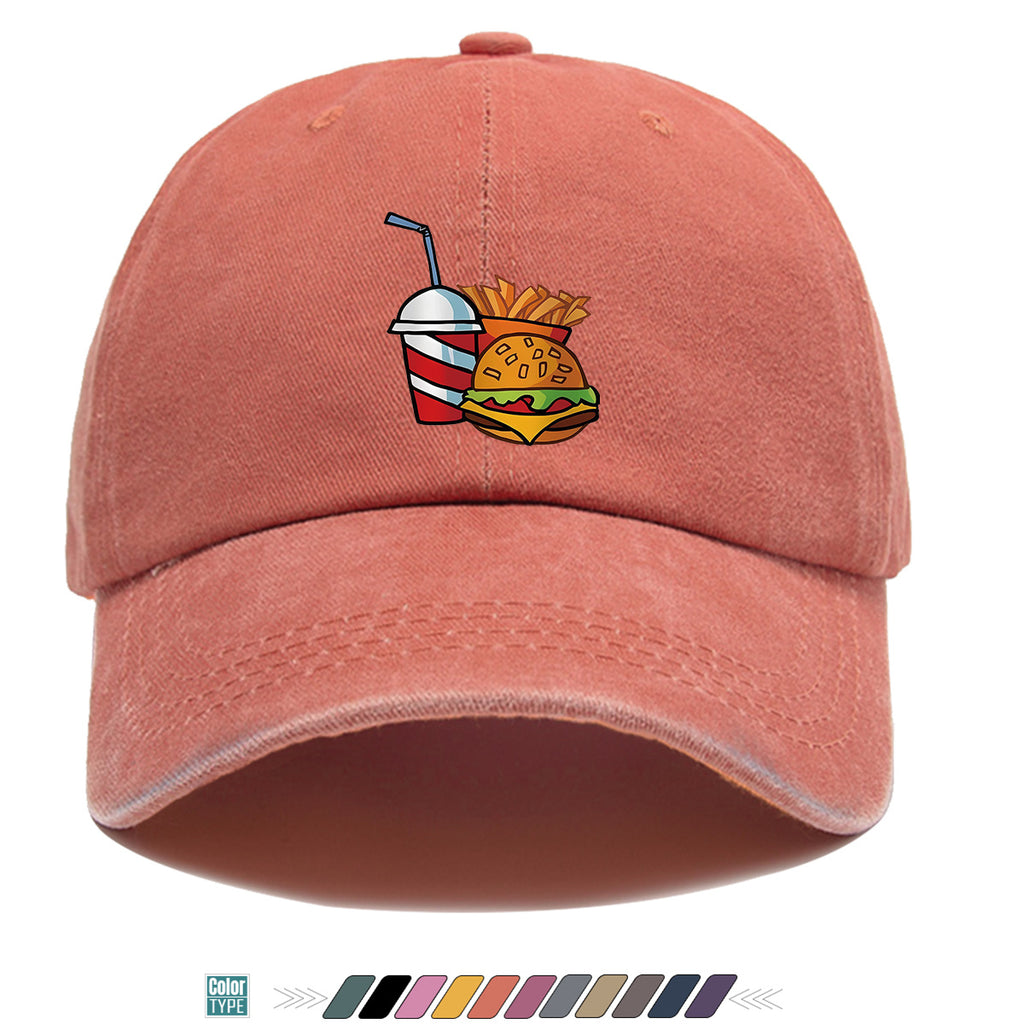 1pc Fast Food Theme Hamburger Fries Drink Print Baseball Cap, Fashion Trendy Sun Hat, Easy Personalized Design, Unisex Duckbill Cap, Adjustable Size, Street Style Hip-Hop Hat, Casual Sunshade Hat, Suitable for Shopping, Parties, Picnics, Travel