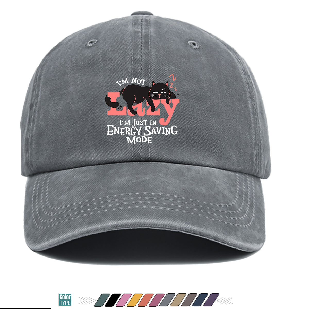 1pc "LAZY" Letter Print Baseball Cap with Lazy Black Cat Print, Fashionable Casual Duckbill Cap, Unisex Adjustable Street Style Sun Hat, for Daily Outings, Café Lounging, Weekend Lounging, Friend Gatherings, Daily Wear, Shopping, Park Strolls
