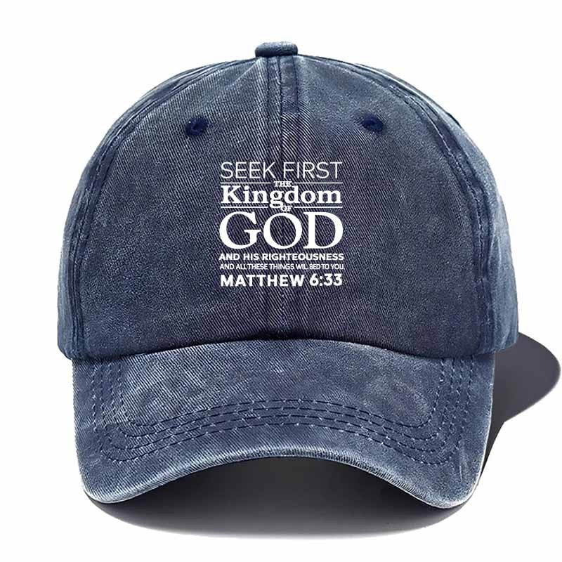 Verse Baseball Cap with Matthew 6:33 Scripture - Faith Hat for Church, Worship & Study, Inspirational Religious Gift For, Soft Comfortable Textile Cap (Black/Dark Grey/Navy/Tan/Green)