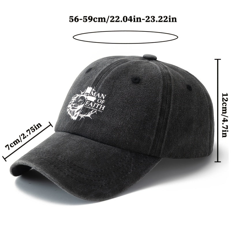 Unisex, Fashionable And Versatile Printed "MAN OF FAITH" Baseball Cap, Classic Retro Washed Outdoor Lightweight Curved Brim Cap, Suitable for Outdoor Vacations, Travel, Camping, And Other Casual Occasions, Hip-Hop Cap for Holiday Parties