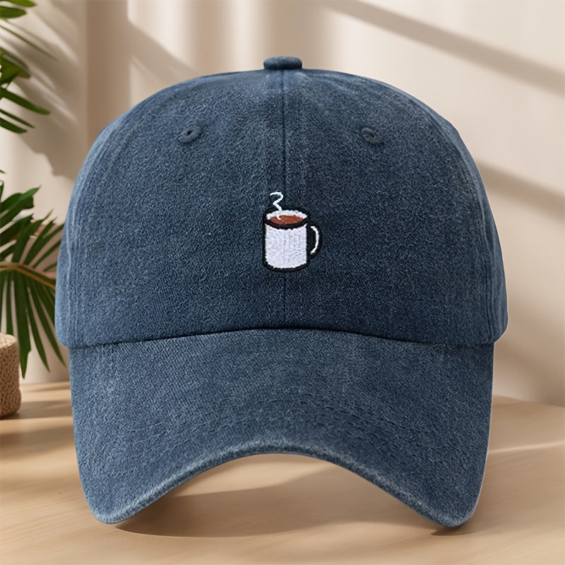 High-Quality Baseball Cap with Coffee Cup Embroidery, Lightweight, Soft, Comfortable, Sweat-Absorbing, Breathable, Classic Washed Vintage Hat for Outdoor Leisure, Sports, Shopping, Vacation, Camping, Sun Protection